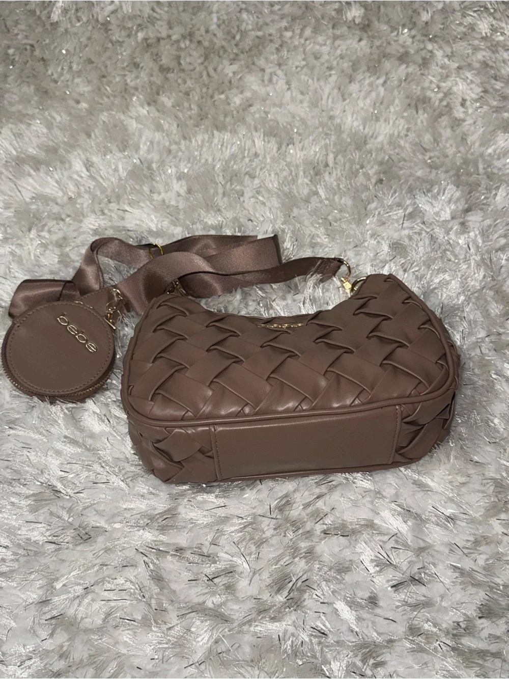 bebe Woven Shoulder Bag in Taupe Brown with Coin Pouch
